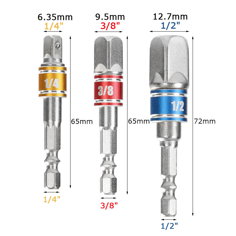 1/4" 3/8" 1/2" pārveidotāja ligzdas adapteris sešstūra kāta trieciena adaptera draivera komplekts pagarinājuma stieņa urbjmašīnas ligzdas uzgriežņu atslēgas instrumenta piederumi