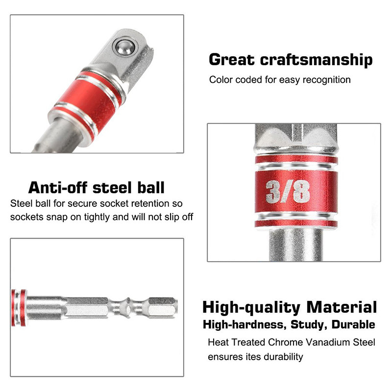 1/4" 3/8" 1/2" pārveidotāja ligzdas adapteris sešstūra kāta trieciena adaptera draivera komplekts pagarinājuma stieņa urbjmašīnas ligzdas uzgriežņu atslēgas instrumenta piederumi