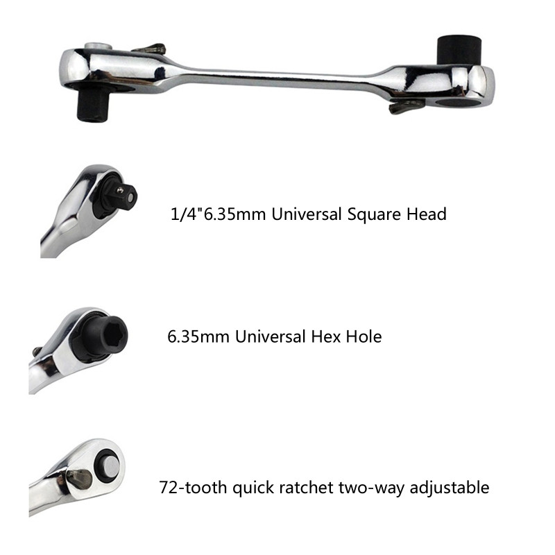 2 in 1 1/4 collu sprūdrata uzgriežņu atslēga Pārnēsājams sešstūra uzgaļu skrūvgriezis Ātrās atbrīvošanas divgalvu uzgriežņu atslēga ar 72 zobiem