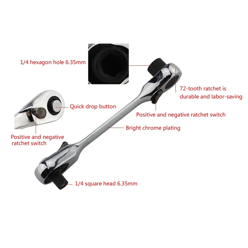 2 in 1 1/4 collu sprūdrata uzgriežņu atslēga Pārnēsājams sešstūra uzgaļu skrūvgriezis Ātrās atbrīvošanas divgalvu uzgriežņu atslēga ar 72 zobiem