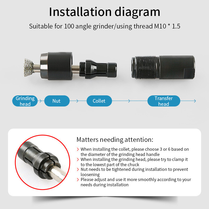 6/3 mm kampinio šlifuoklio modifikuotas adapteris tiesiam šlifuokliui, skirtas 100 tipų kampiniam šlifuokliui M10 sriegio šlifavimui, poliravimui, pjovimui