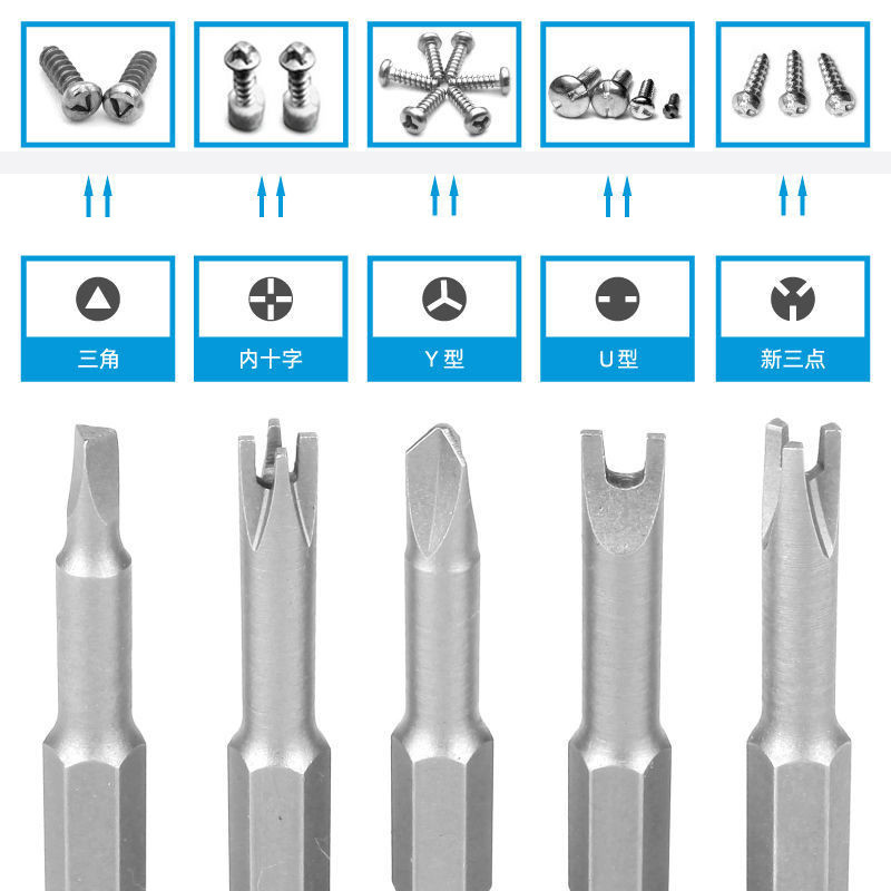 5 vnt. specialus atsuktuvų rinkinys 50 mm trikampio galvutės grąžtai 1/4 colio kotu YU formos atsuktuvo antgaliai elektriniam rankiniam įrankiui