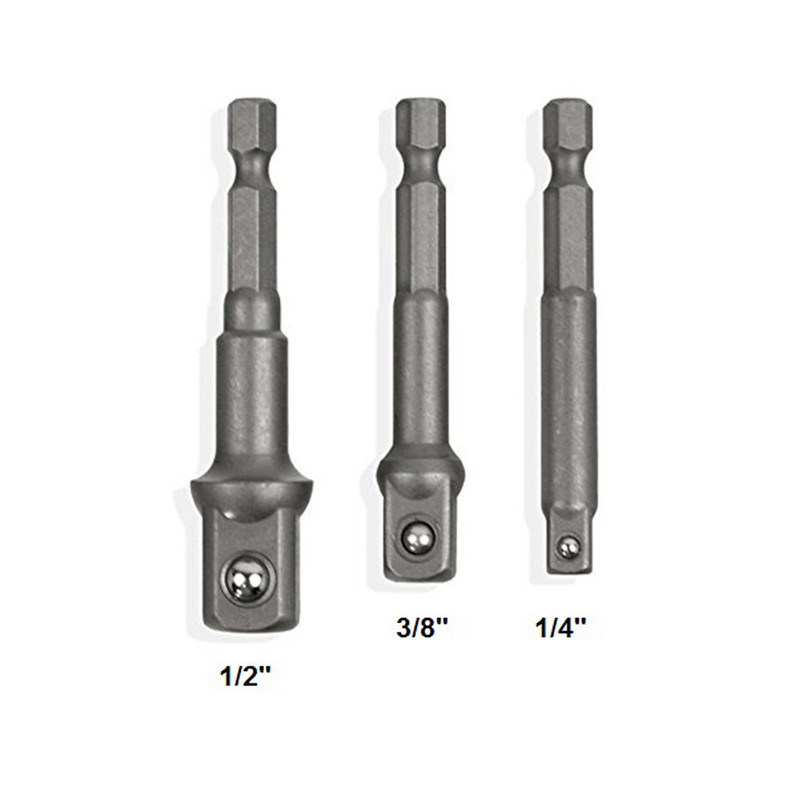 3 gab vanādija tērauda ligzdas adaptera sešstūra kāta urbja ligzdas pagarinājuma uzgaļa adaptera komplekts tērauda urbjmašīna 1/4 3/8 1/2 skrūvgrieža rīks