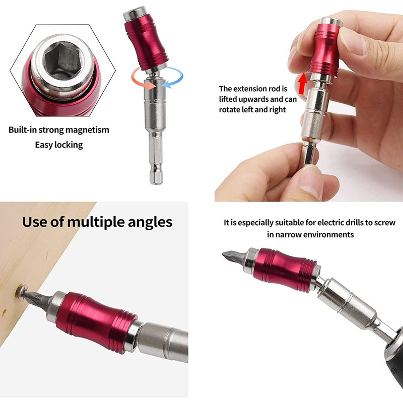 4 DB mágneses forgófúrófej-tartó Mágneses bittartó konzol 0-20°-ban hajlítva, és a rúdfej 360°-ban elforgatva