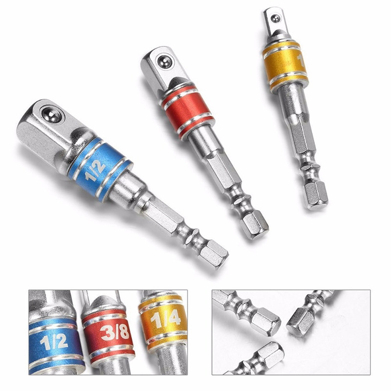 1 komplekts/3 gab sešstūra urbja barošanas uzgaļa ligzdas piedziņas adaptera pagarinājums 1/4" 3/8" 1/2" ligzdas uzgaļa adaptera sešstūra kāts ar fiksētiem apkakles gredzeniem