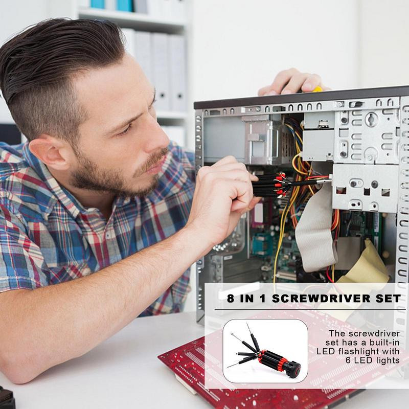 8 az 1-ben csavarhúzó készlet javító szétszerelő készlet többcélú univerzális csavarhúzó 6 LED-es zseblámpával Csavarhúzó többfunkciós szerszám