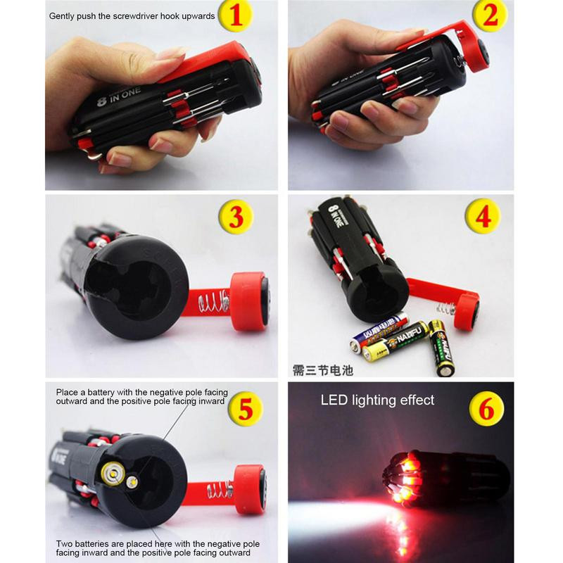 8 az 1-ben csavarhúzó készlet javító szétszerelő készlet többcélú univerzális csavarhúzó 6 LED-es zseblámpával Csavarhúzó többfunkciós szerszám
