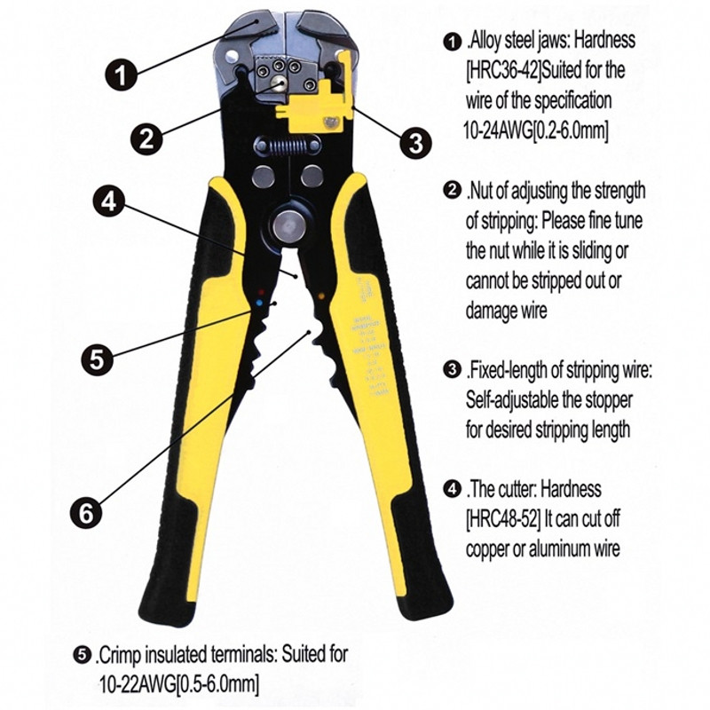 Stiepļu noņemšanas spailes knaibles Kabeļu griezējs Automātiskā gofrēšana Daudzfunkcionāli lobīšanas instrumenti AWG10-24/0,2-6mm2