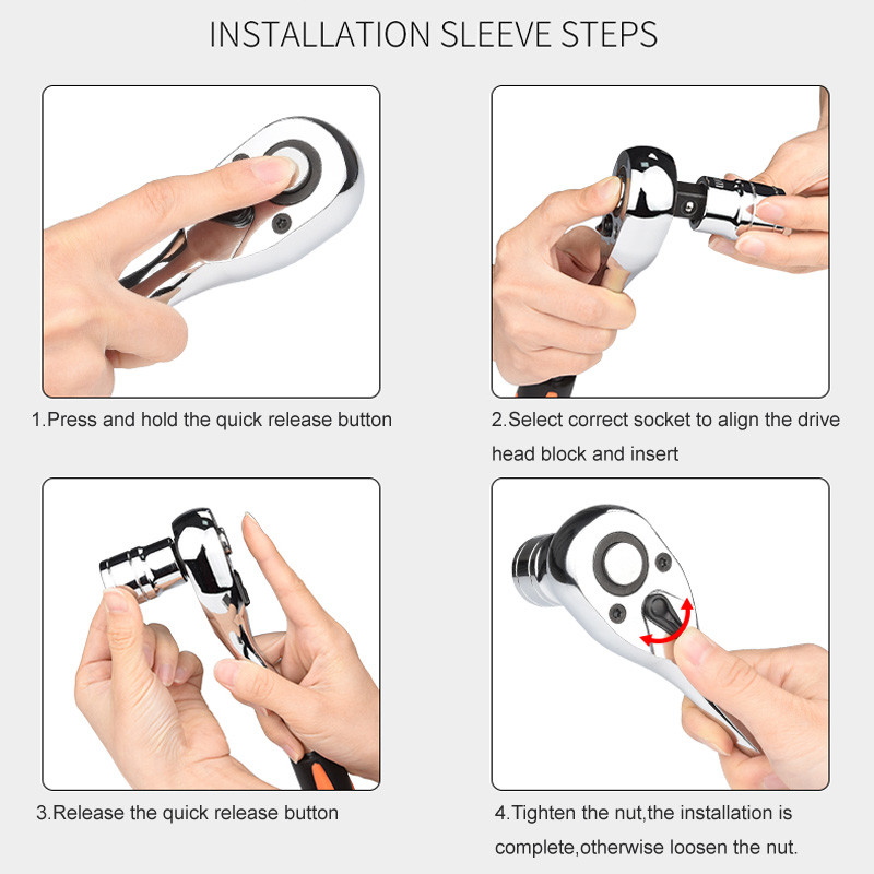 1/2"-os 3/8"-os 1/4"-es meghajtófoglalat racsnis villáskulcs - Pro 72-es fokozatú gyorskioldó, megfordítható racsnis hajlított fogantyú