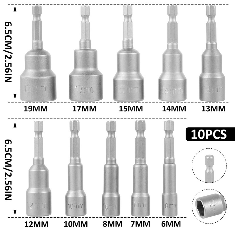 6-19 mm magnetilise pesa adapteri komplekt kiirvahetatava kuuskantpesaga adapteri puuritera komplekt, 10 tk magnetilise kuusnurkse pesa komplekt puurile