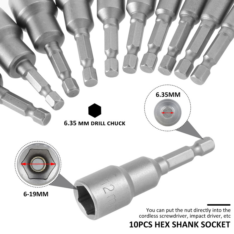 6-19 mm magnetilise pesa adapteri komplekt kiirvahetatava kuuskantpesaga adapteri puuritera komplekt, 10 tk magnetilise kuusnurkse pesa komplekt puurile