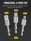 GOWKE 3pcs Electric Drill Socket Adapter for Impact Driver Hex Shenk Square Socket Drill Bits Περιστρεφόμενη προέκταση 1/2" 1/4" 3/8"
