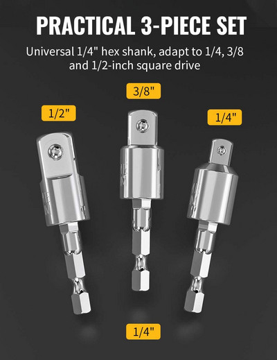 GOWKE 3 vnt elektrinio grąžto lizdo adapteris smūginiam suktuvui šešiakampio koto kvadratinio lizdo grąžtai, pasukami ilgintuvai 1/2" 1/4" 3/8"