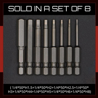 8 komada S2 čelični magnetni šesterokutni set bitova 1/4 inča šesterokutni set odvijača Set bitova 50 mm duljine H1.5-H8
