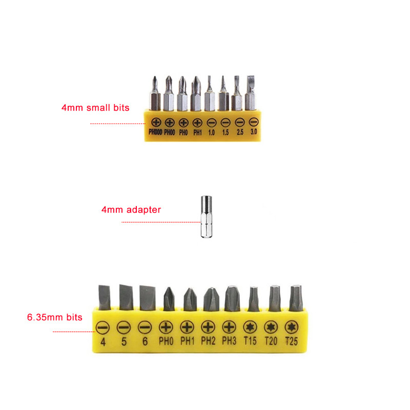 19 db mini dugókulcs 1/4 hüvelykes 6,35 mm-es csavarhúzó bitek, kettős fejű, L alakú összekötő rúd kézi javítószerszámkészlet