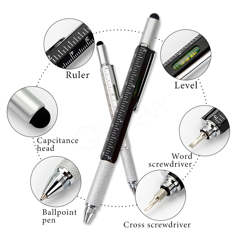 Șurubelniță portabilă 6 în 1 Instrument stilou cu bilă Măsură multifuncțională Riglă tehnică Șurubelniță Ecran tactil Stylus Nivelă cu burla