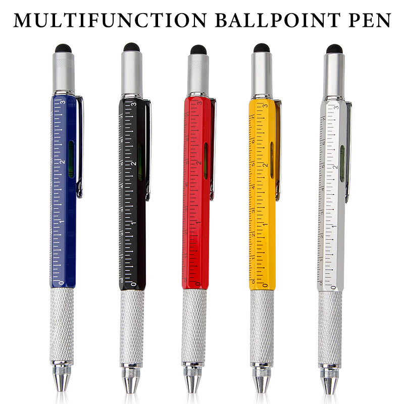 Șurubelniță portabilă 6 în 1 Instrument stilou cu bilă Măsură multifuncțională Riglă tehnică Șurubelniță Ecran tactil Stylus Nivelă cu burla