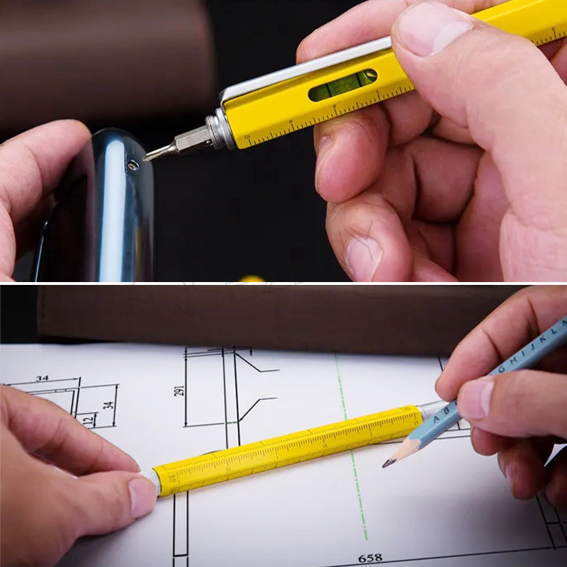 Șurubelniță portabilă 6 în 1 Instrument stilou cu bilă Măsură multifuncțională Riglă tehnică Șurubelniță Ecran tactil Stylus Nivelă cu burla