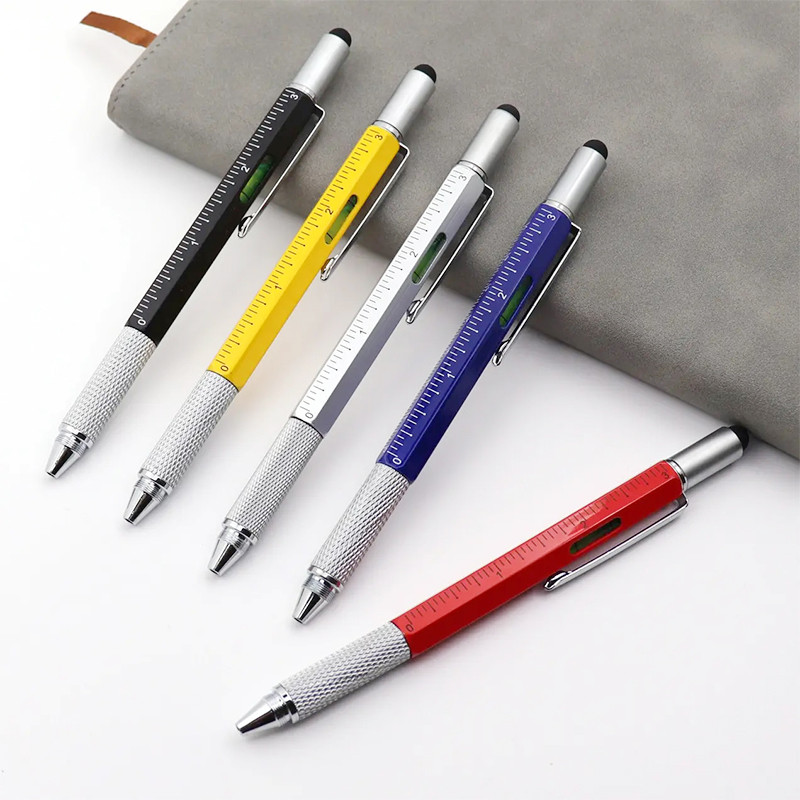 Șurubelniță portabilă 6 în 1 Instrument stilou cu bilă Măsură multifuncțională Riglă tehnică Șurubelniță Ecran tactil Stylus Nivelă cu burla