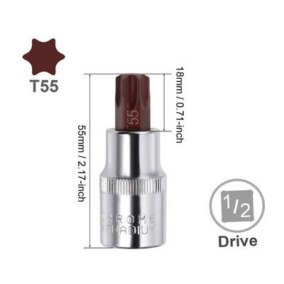 2 τεμ. Μονάδα δίσκου 1/2 ιντσών T20 T25 T30 T35 T40 T45 T50 T55 Torx Bit Socket S2 Steel Μήκος 55mm