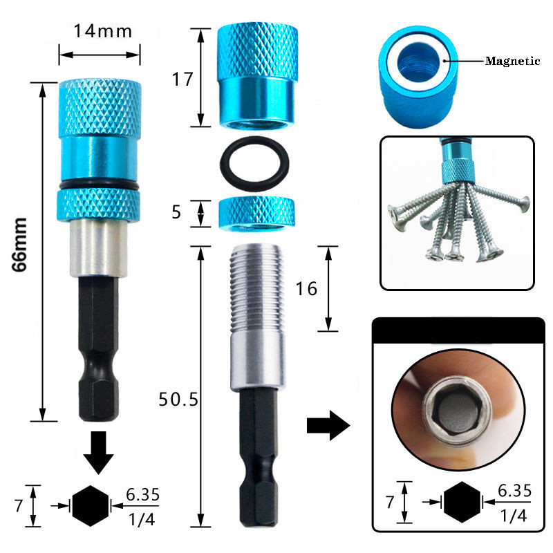 1/4-tolline kuuskantmagnetkruviga puuriots Kiire lukustusotsaku hoidja puur kruvikeeraja tööriistajuhik puuriotsaku pikendusvarda puidutööriistad