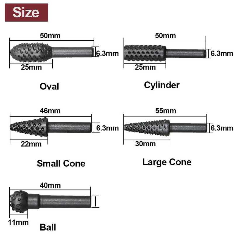 Ατσάλινες περιστροφικές λίμες χειροτεχνίας 1/4" Στέλεχος ξυλουργικής περιστροφικής λίμα Rasp Burrs Ξύλο Τρίψιμο Power Carving Εργαλείο χειρός