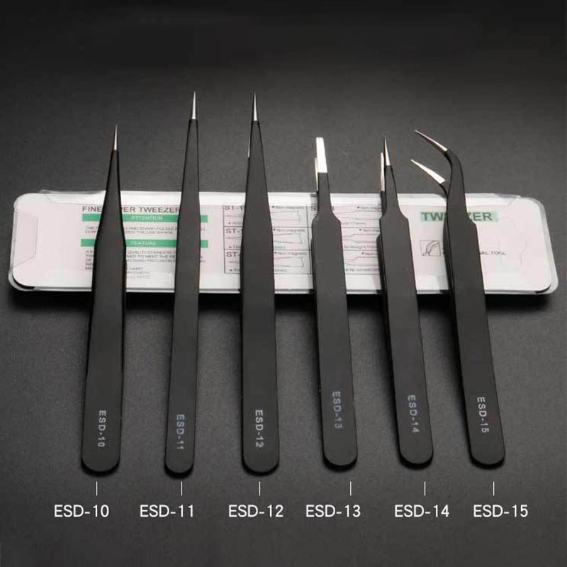 Antisztatikus ESD precíziós csipeszkészlet rozsdamentes acél karbantartáshoz javító szerszámkészlet Antisztatikus modell készítése kézzel kombinált bilincs