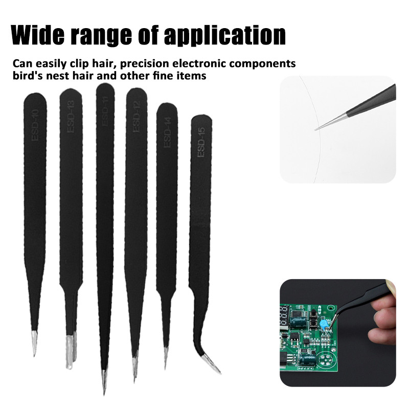 2/6 gab ESD nerūsējošā tērauda Antistatiskās pincetes apkopes rīki Rūpnieciskās precīzijas izliektās taisnās pincetes remonta instrumenti