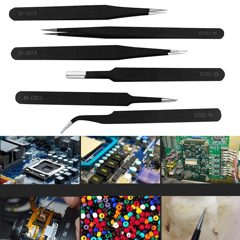 2/6 gab ESD nerūsējošā tērauda Antistatiskās pincetes apkopes rīki Rūpnieciskās precīzijas izliektās taisnās pincetes remonta instrumenti