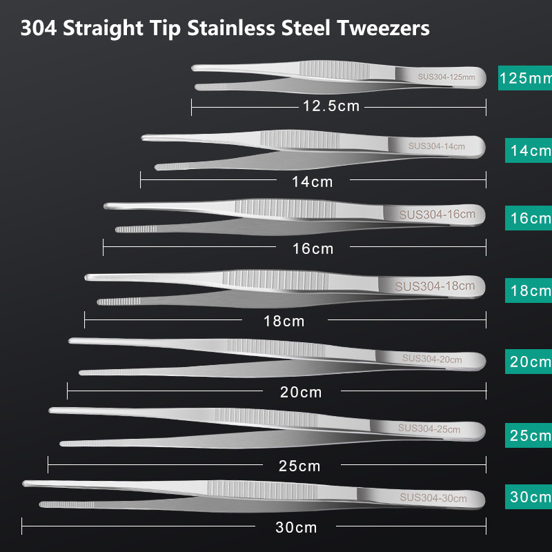 Medicinske pincete od nehrđajućeg čelika 304 protiv joda, dugačke ravne pincete 12,5 cm-30 cm, ravna glava, podebljavanje lakta, medicinski alati
