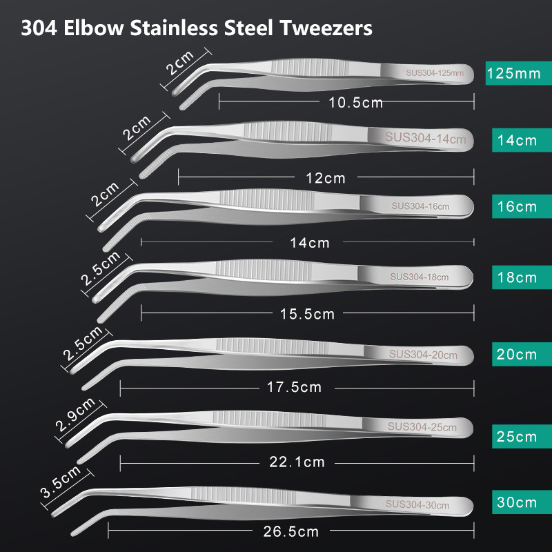 Medicinske pincete od nehrđajućeg čelika 304 protiv joda, dugačke ravne pincete 12,5 cm-30 cm, ravna glava, podebljavanje lakta, medicinski alati