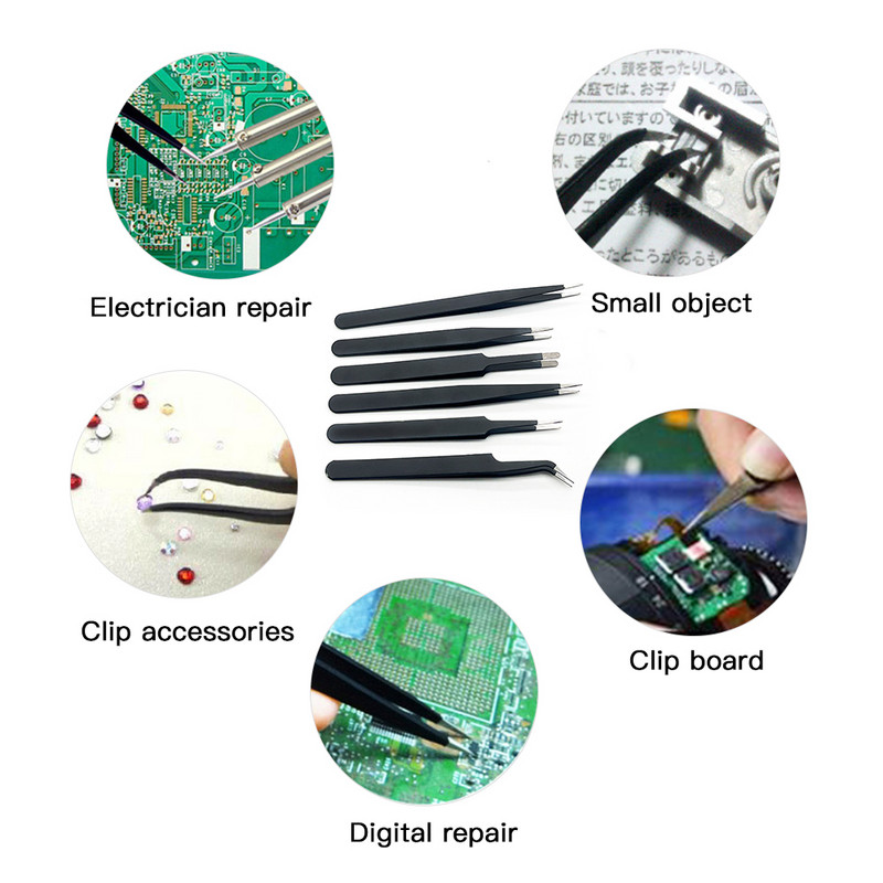 6 db biztonságos precíziós csipeszkészlet Antisztatikus csipeszek Antisztatikus ESD rozsdamentes hajlított egyenes csipesz karbantartó eszköz