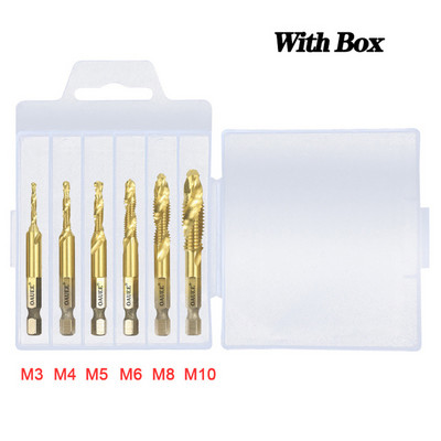 1/6 vnt sriegio grąžtų rinkinys šešiakampio koto, titano dengto HSS sriegio antgalio sraigtinio sraigto staklės sudėtinis srieginis srieginis įtaisas M3 M4 M5 M6 M8 M10 Rankiniai įrankiai
