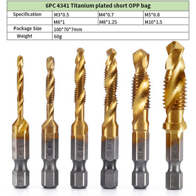 6 vnt M3-M10 sraigtiniai srieginiai grąžtai Hss srieginiai srieginiai srieginiai šlifavimo rinkiniai Metrinis kombinuotas antgalis greitaeigis plienas 1/4 IN greito keitimo šešiakampis