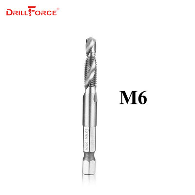6 vnt. M3-M10 sraigtiniai srieginiai grąžtai HSS srieginiai srieginiai medžio apdirbimo metriniai kombinuoti antgaliai greitaeigis plienas, šviesus 1/4 colio greito keitimo šešiakampis