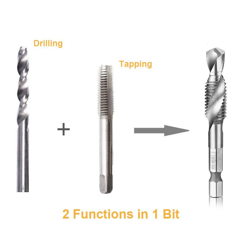 6 vnt. M3-M10 sraigtiniai srieginiai grąžtai HSS srieginiai srieginiai medžio apdirbimo metriniai kombinuoti antgaliai greitaeigis plienas, šviesus 1/4 colio greito keitimo šešiakampis