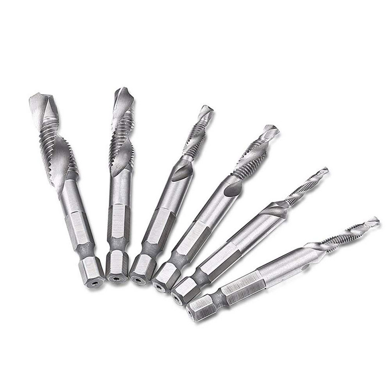 6 vnt. M3-M10 sraigtiniai srieginiai grąžtai HSS srieginiai srieginiai medžio apdirbimo metriniai kombinuoti antgaliai greitaeigis plienas, šviesus 1/4 colio greito keitimo šešiakampis