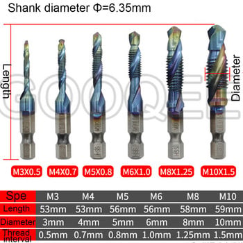 1 ΤΕΜ 1/4mm Στέλεχος M3-M10 HSS Σετ βρύσης με σπειρώματα μετρικό τρυπάνι βρύσης με μπλε επίστρωση Βιδωτή βρύση μηχανής M3X0.5 M4X0.7 M6X1.0 M10X1.5