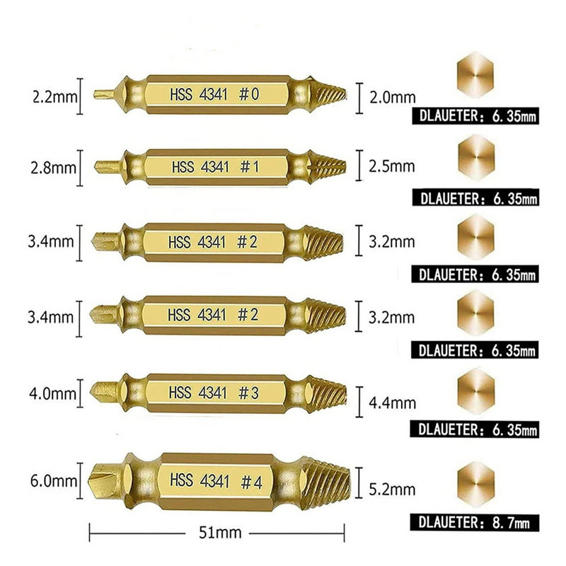 6 gab. Bojātu skrūvju nosūcēja urbjmašīnas komplekts, kas viegli izņem noplīsušu skrūvi, skrūvju noņemšanas noņemtās skrūves, nosūcēja nojaukšanas rīki