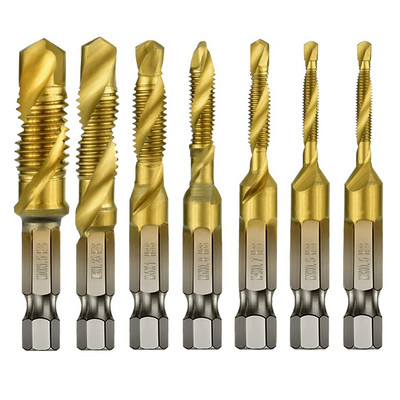 7 gab. 1/4 collu sešstūra kāta titāna kombinētais urbjmašīnas un tapas komplekta metriskās vītnes HSS M3-M10 skrūvju vītņgriezes rīks