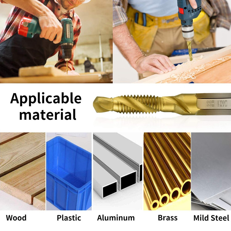 7 gab. 1/4 collu sešstūra kāta titāna kombinētais urbjmašīnas un tapas komplekta metriskās vītnes HSS M3-M10 skrūvju vītņgriezes rīks