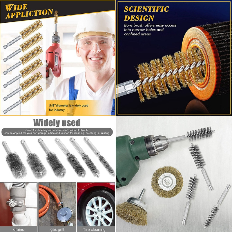 Perie de curățare găuri cu mâner Tija hexagonală de 1/4 inch pentru mașini de găurit cu impact Polizoare Set de perii pentru găuri din sârmă de oțel 6 bucăți