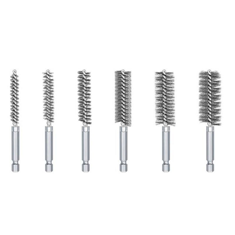 Perie de curățare găuri cu mâner Tija hexagonală de 1/4 inch pentru mașini de găurit cu impact Polizoare Set de perii pentru găuri din sârmă de oțel 6 bucăți