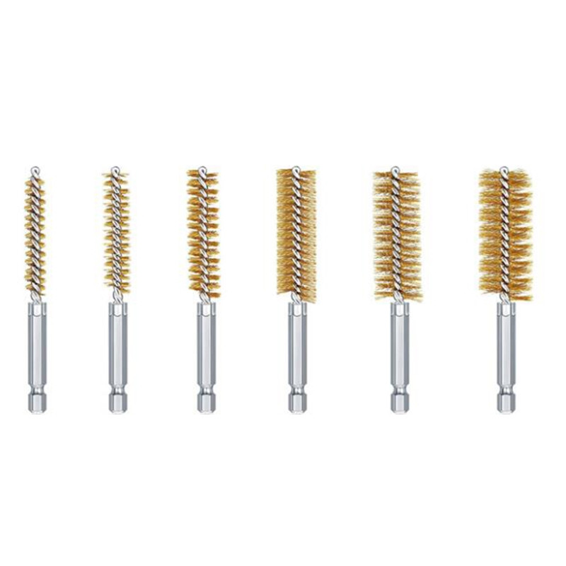 Perie de curățare găuri cu mâner Tija hexagonală de 1/4 inch pentru mașini de găurit cu impact Polizoare Set de perii pentru găuri din sârmă de oțel 6 bucăți