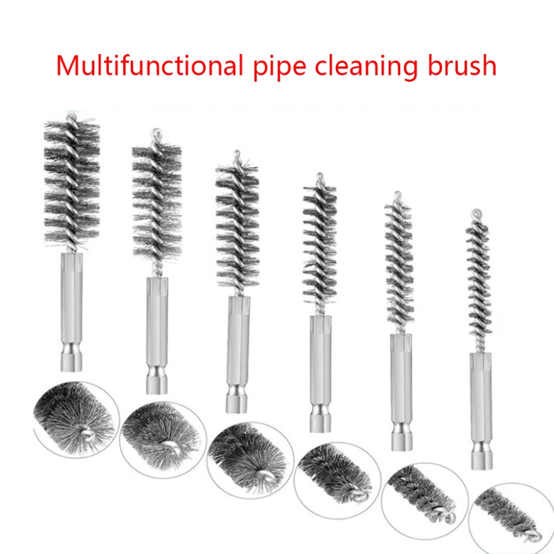 Perie de curățare găuri cu mâner Tija hexagonală de 1/4 inch pentru mașini de găurit cu impact Polizoare Set de perii pentru găuri din sârmă de oțel 6 bucăți