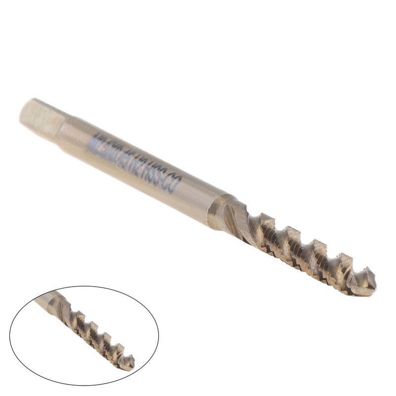 M2,5 x 0,45 mm-es gépi dugaszosztású HSS bevonatú, kerek szárú, spirális hornyos menetfúró négyzetvégű menetvágó szerszámokkal