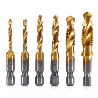 6 buc M3-M10 Burghie de găurit cu filet de filet HSS Robineți de frecare Set de debavurare metrică Bit combinat din oțel de mare viteză 1/4IN Unelte de mână