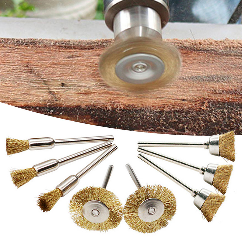 9Pcs čelična žica, mesingana četka za bušilicu Mini četka Rotacijski alat za Dremel bušilicu za poliranje brusnog kotača Dodaci za četke u obliku slova T