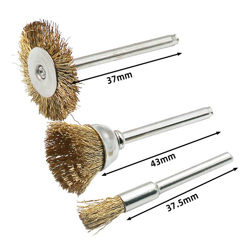 9Pcs čelična žica, mesingana četka za bušilicu Mini četka Rotacijski alat za Dremel bušilicu za poliranje brusnog kotača Dodaci za četke u obliku slova T