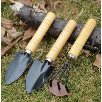 Комплект от 3 части Мини инструменти за саксии за градинарство Дървена дръжка Лопата Гребло Лопата Многофункционално домакинско растение Бонсай за